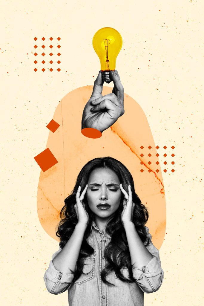 Vertical photo collage of minded girl hold head migraine light bulb finding idea contemplation ponder isolated on painted background.