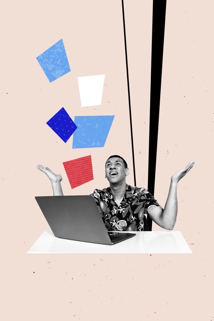 Vertical photo collage of upset tired american man sit office paper sheet workload pressure laptop device isolated on painted background.