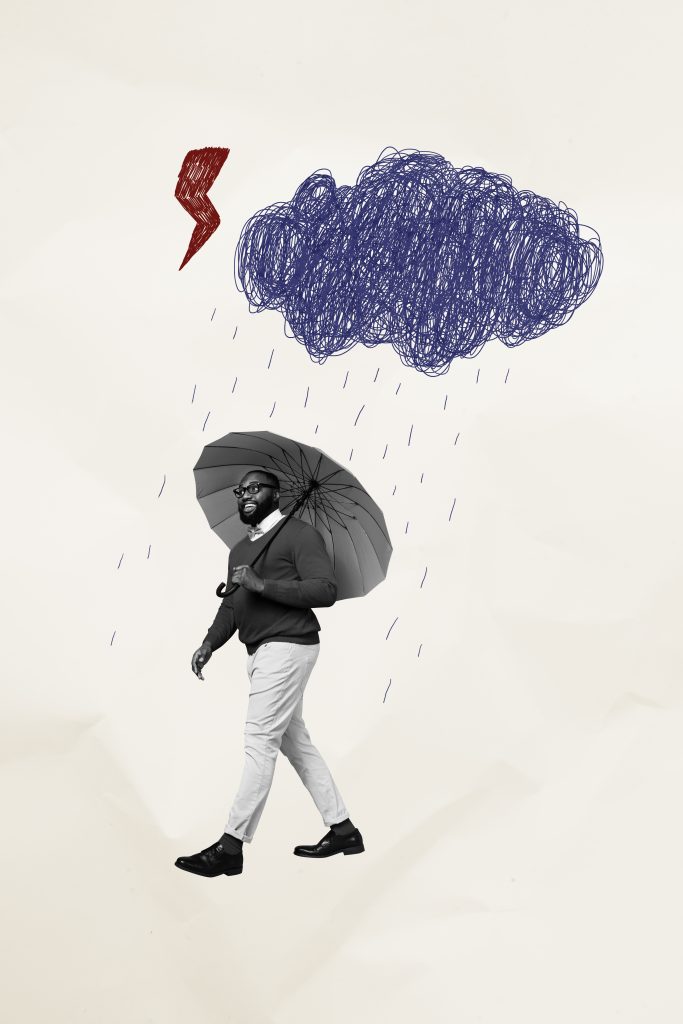 Vertical photo collage of happy american man walk umbrella autumn fall cyclone rainstorm season drop cloud isolated on painted background.