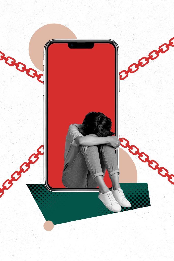 Vertical collage image young depressed woman sit crying smartphone addiction cyberbullying abuse harassment social media touchscreen victim.