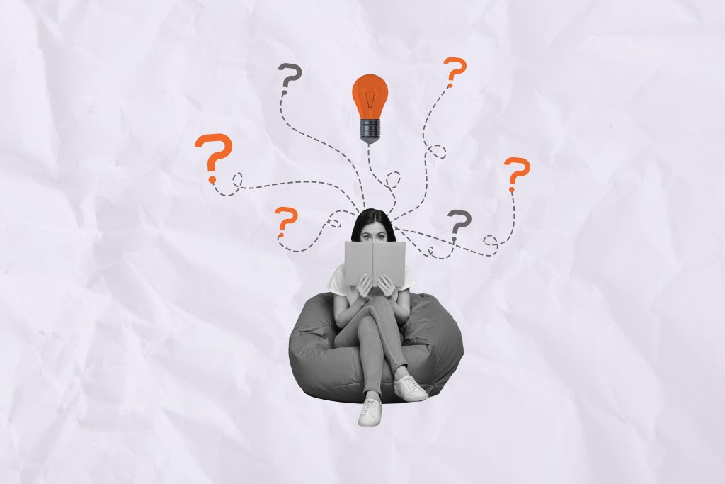 Collage of young woman student studying in beanbag reading book has questions and answers made eureka decision isolated on white background.